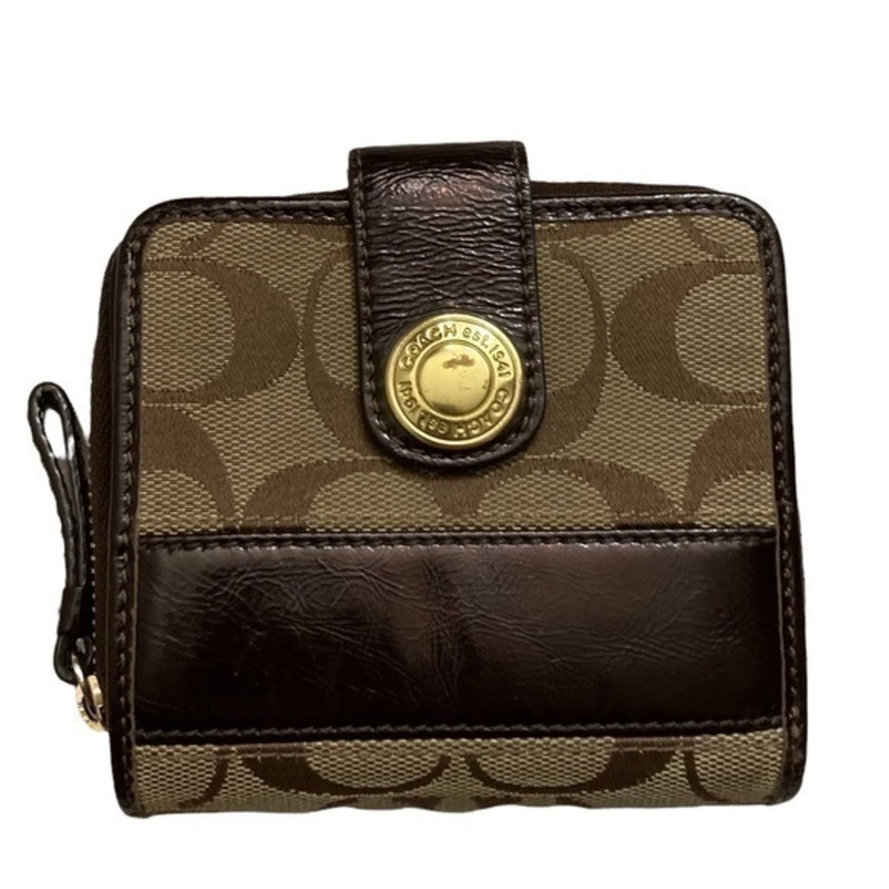 Coach signature c striped legacy compact brown khaki wallet